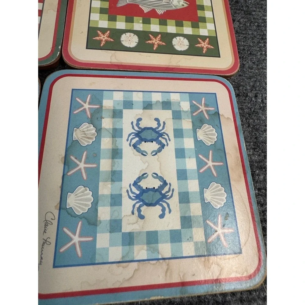 Claire Murray Signature Nautical Coasters Set of 4 Lobster Crab Fish Beach Decor